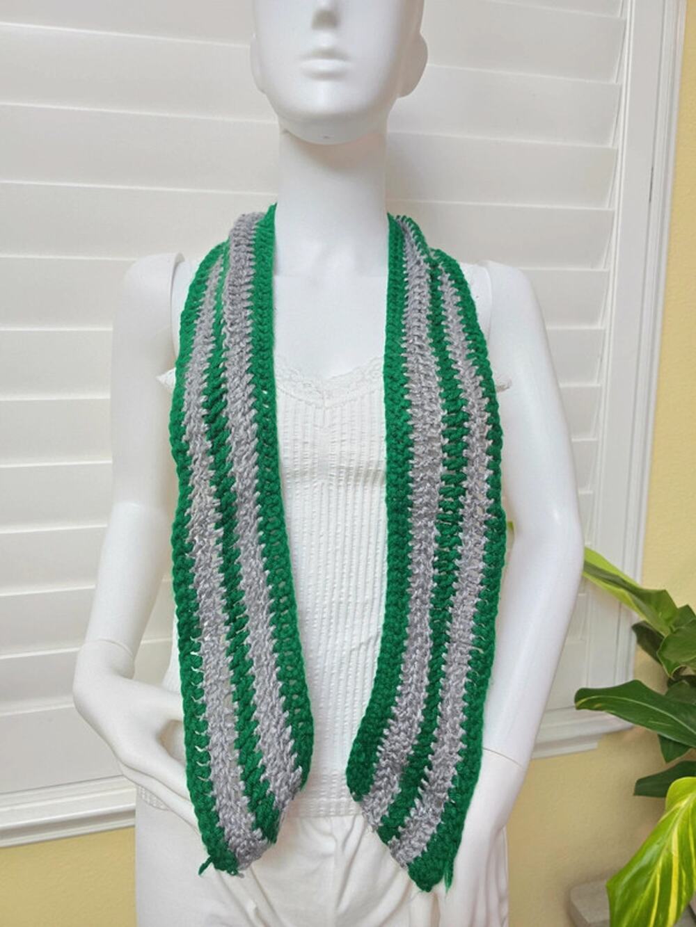 Gray Knit Scarf Crochet Green Cozy Cotton Scarf OSFM